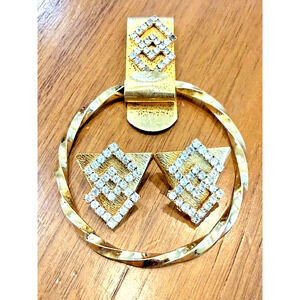 Vintage RHINESTONE Gold Tone Western COLLAR Tips Clip Towel Ring Holder 3 pc SET